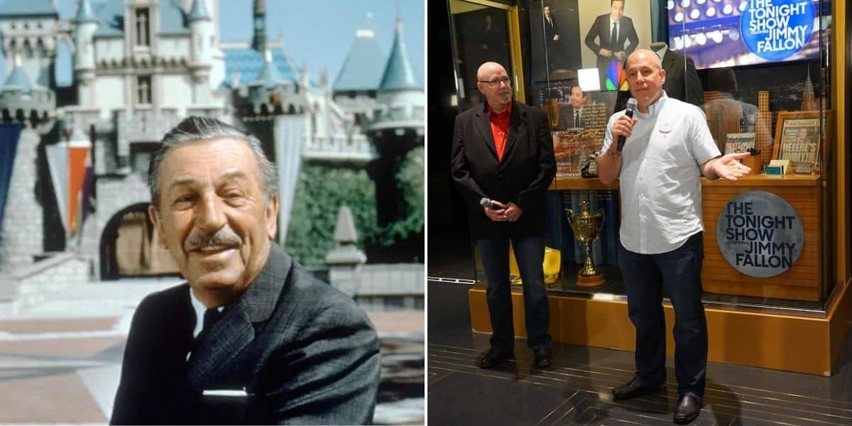 Left: An older man with a mustache in a suit smiles in front of a castle. Right: Two men stand indoors; one holds a microphone while speaking near a display including "The Tonight Show with Jimmy Fallon" sign as a former Disney imagineer returns.