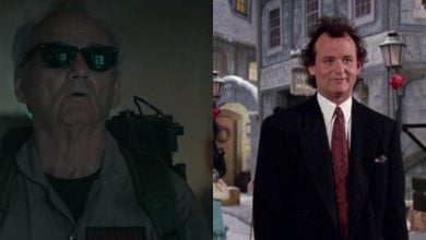 A split image shows an older man in sunglasses and a Ghostbusters uniform on the left, and the same man younger, wearing a black suit with a white shirt and tie, standing outside in a snowy, festive setting on the right.