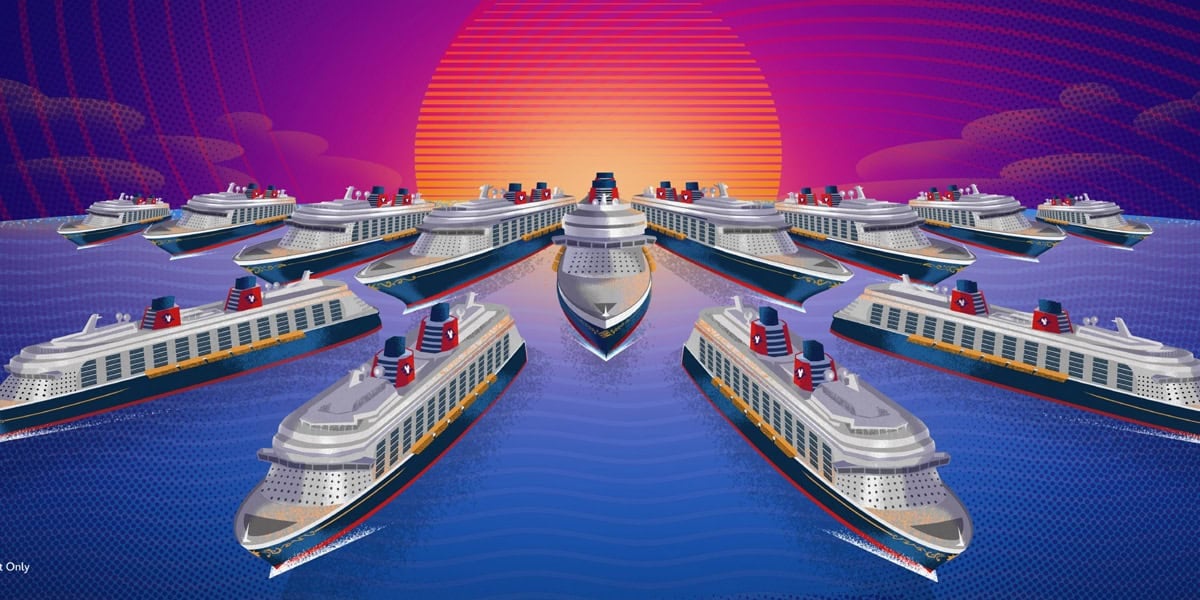 Illustration of twelve cruise ships arranged in a V-formation on the ocean under a vibrant, stylized sunset with purple, orange, and pink hues in the sky.
