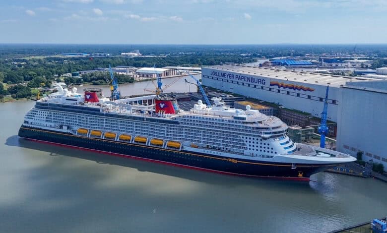 Disney Cruise Line ship sailing on the water.