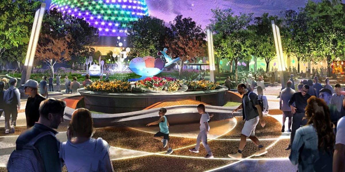 A vibrant, colorful park scene at night with families and children walking around a circular garden, glowing lights, and trees. In the center, a playful sculpture evokes Epcot beneath a sky lit by multicolored, illuminated orbs.
