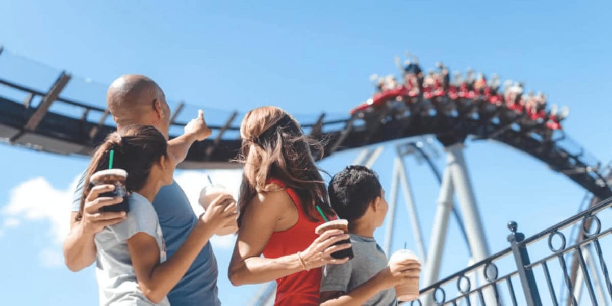 A family of four holding drinks looks up and points at a roller coaster with riders speeding by overhead on a bright, sunny day at an amusement park.
