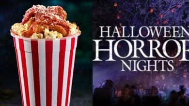 A striped popcorn bucket filled with popcorn and snacks is on the left, while a "Halloween Horror Nights" event sign with a dark, eerie background is on the right.