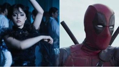 Split image: On the left, a young woman in a black outfit dances with one arm raised, surrounded by people. On the right, a masked person in a red and black suit with two swords on their back looks to the side.