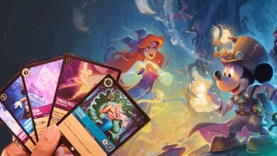 A hand holds several Disney Lorcana trading cards in front of colorful artwork featuring Ariel and steampunk Mickey Mouse exploring a magical forest.