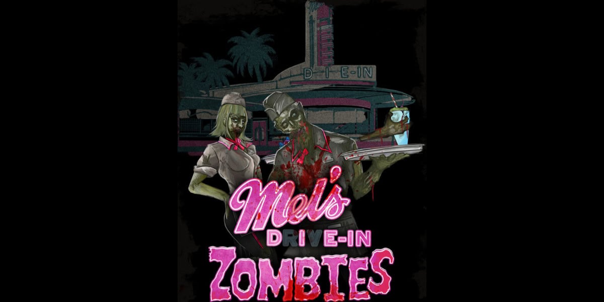 Two green-skinned zombie diner workers, one holding a tray with food, stand in front of a retro diner glowing with neon lights. Pink text reads "Mel's Dine-In Zombies"—the perfect haunt for horror nights.