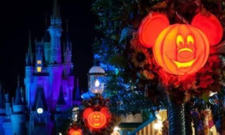 glowing pumpkin lanterns in magic kingdom during mickey's not so scary halloween party