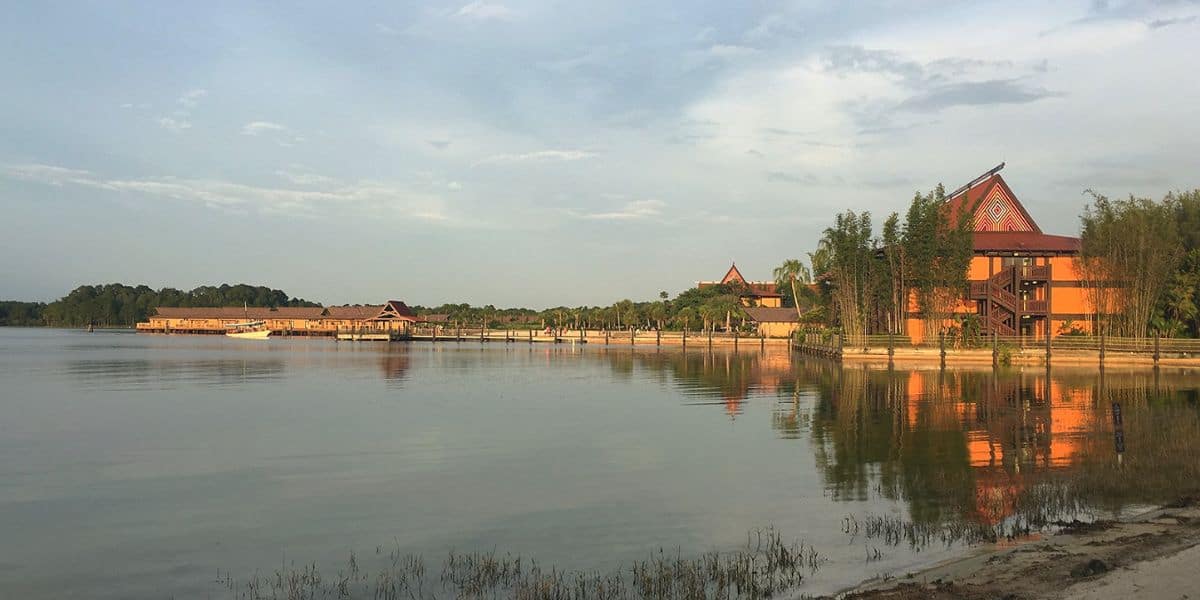 Disney's Polynesian Village Resort viewed from across the Seven Seas Lagoon.