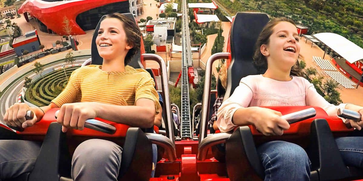 Riders on Red Force roller coaster at PortAventura World's Ferrari Land
