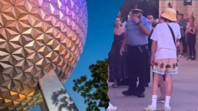 Left: Spaceship Earth at EPCOT. Right: Disney security speaks with a drunk woman.