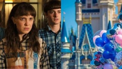 A split image: on the left, three teenagers from "Stranger Things" look serious indoors; on the right, colorful balloons in front of a Disney castle in bright daylight.