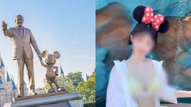 Walt Disney and Mickey Mouse statue (left), woman at Disney (right)