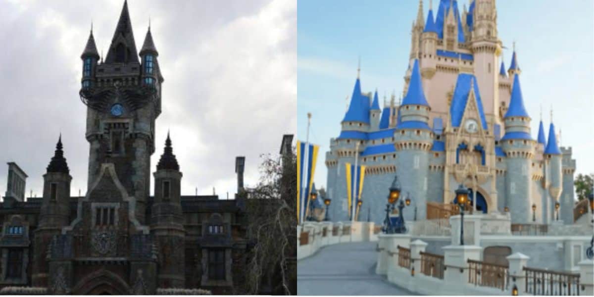 Split image showing two castles: the left side displays a dark, gothic-style castle under a cloudy sky; the right side features a bright, fairytale-like castle with blue rooftops and golden accents on a clear day.