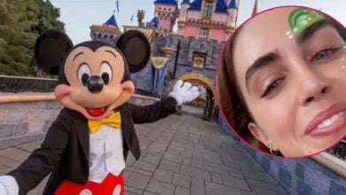 Left: Mickey Mouse in front of Sleeping Beauty Castle at Disneyland. Right: A woman telling her story about going into "Disney Jail."