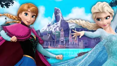 Anna and Elsa, animated sisters from the movie Frozen, stand in front of an icy, snowy Arendelle landscape. Anna is smiling and reaching out, while Elsa is using her ice powers with a determined expression.
