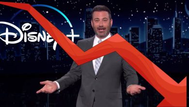 Jimmy Kimmel with a Disney Plus Logo covered by a downward arrow