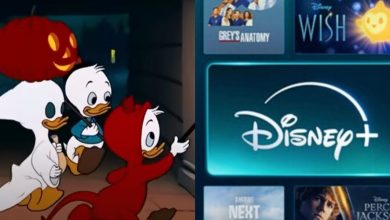 Huey, Dewey, and Louie dressed in Halloween costumes on the left, and the Disney+ streaming service interface with various show options on the right.