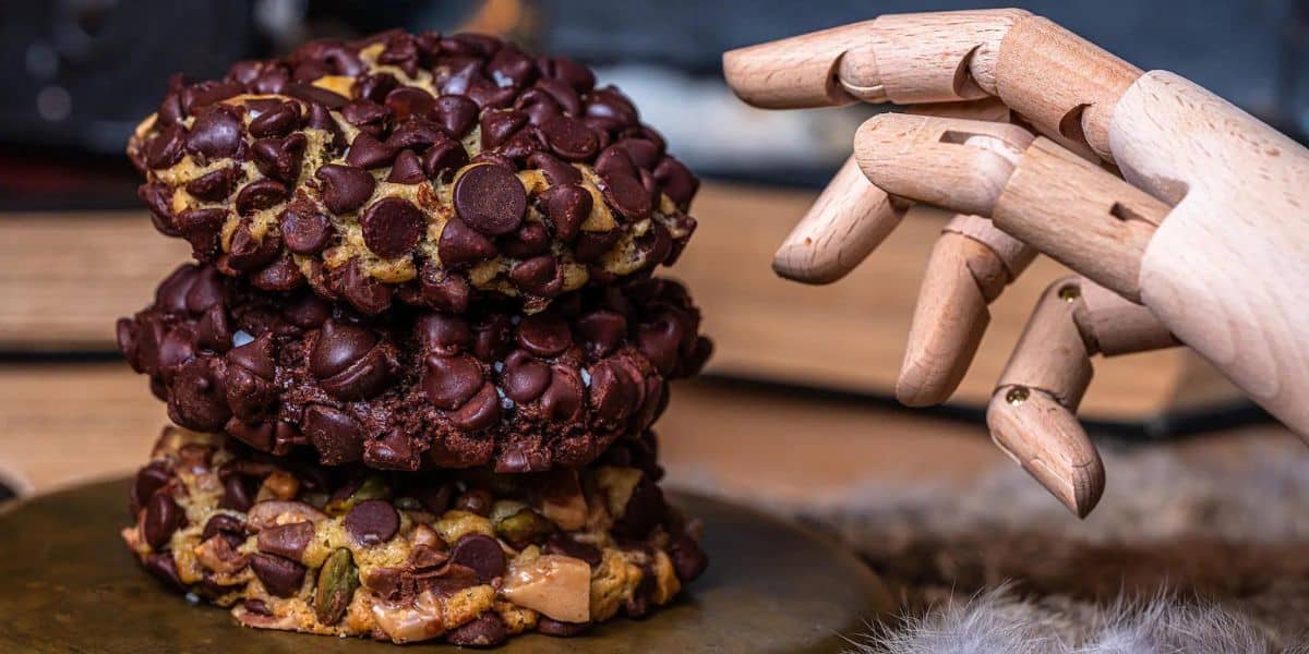 Three large cookies from Gideon's Bakehouse Disney Springs, covered in chocolate chips, are stacked on a surface next to a wooden articulated mannequin hand, with books and fur in the background.
