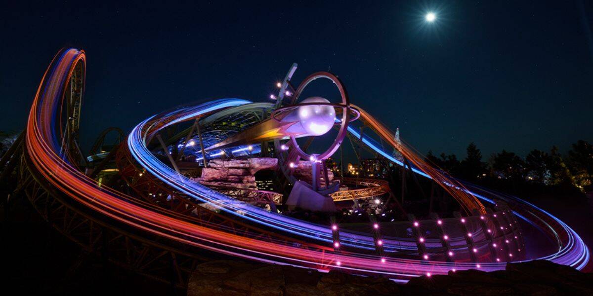 Stardust Racers at night in Epic Universe
