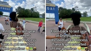 A woman dressed as Princess Tiana walks at Disney with a child, while people look on. Text on the image says, "Flash back to last year at Disney when I dressed up as Princess Tiana & got escorted off the premises," with emojis.
