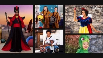 A collage of kids dressed in Disney Costumes: Jafar, Slinky Dog, Snow White, Tow Mater, and a green frog, each posing and smiling in different settings.