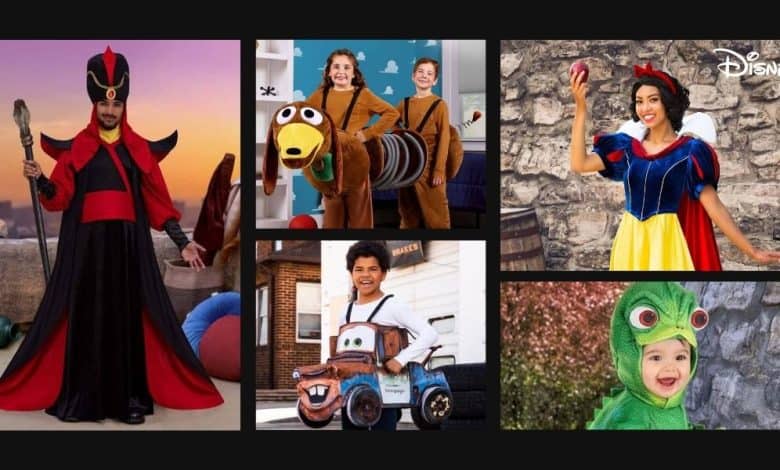 A collage of kids dressed in Disney Costumes: Jafar, Slinky Dog, Snow White, Tow Mater, and a green frog, each posing and smiling in different settings.