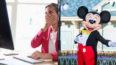 A split image: on the left, a surprised woman in a pink blazer covers her mouth while looking at a computer screen; on the right, someone in a Mickey Mouse costume poses and smiles outside of Disney.