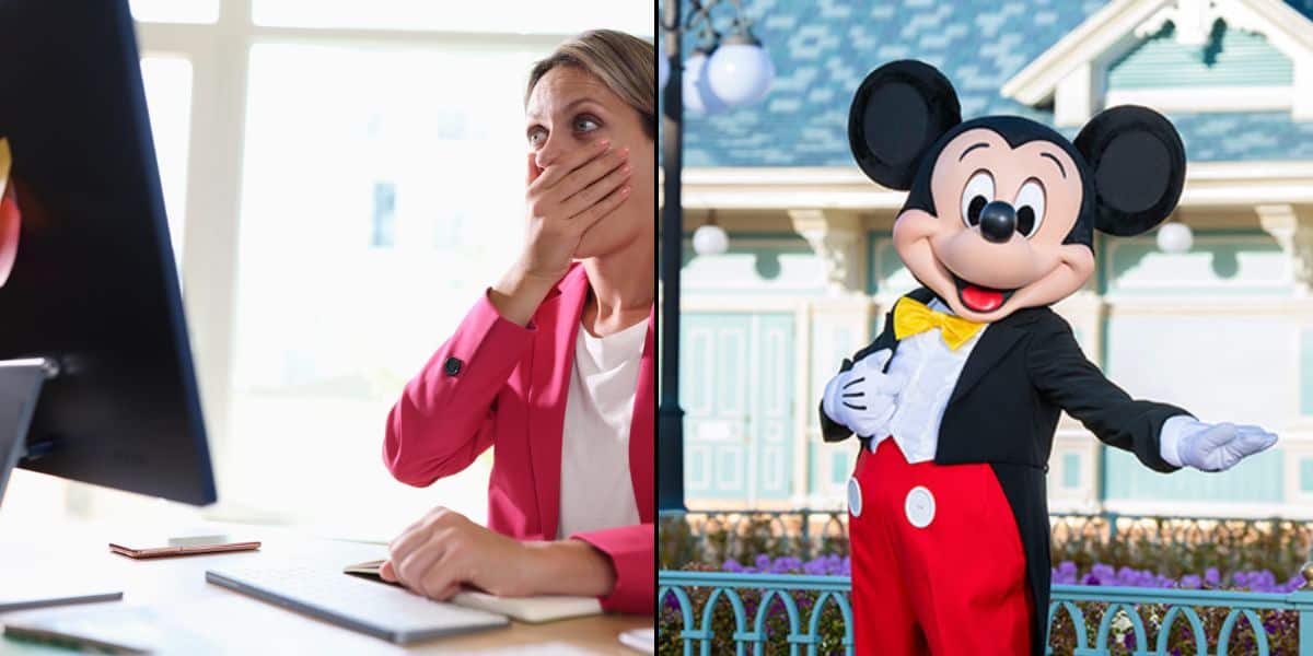 A split image: on the left, a surprised woman in a pink blazer covers her mouth while looking at a computer screen; on the right, someone in a Mickey Mouse costume poses and smiles outside of Disney.