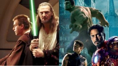 Split image: On the left, two Jedi in robes, one holding a green lightsaber, from Star Wars. On the right, Marvel superheroes including Hulk, Hawkeye, and Iron Man stand before a cityscape.