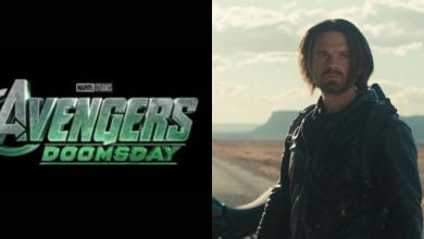 Split image: Left side shows the "Avengers: Doomsday" logo in metallic green. Right side shows a man with long hair and a beard, wearing dark clothing, standing beside a motorcycle in a vast, open landscape.