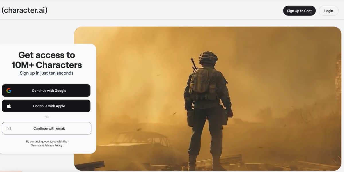 The Character.AI landing page.