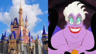 Left: Colorful castle with pink and blue towers against a blue sky with clouds. Right: Animated character with purple skin, white hair, and a sly grin, wearing black and red, shown on a dark background.