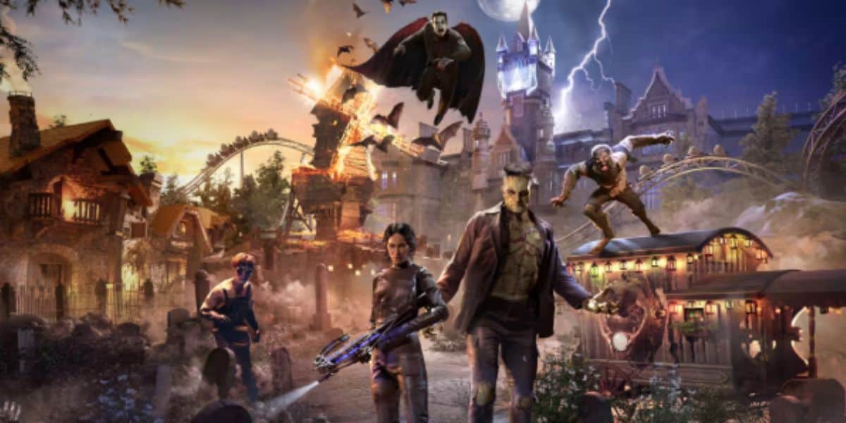 A group of classic universal monsters, including Frankenstein, Dracula, and werewolves, gather in a spooky, foggy amusement park with a haunted castle, roller coasters, and dramatic lightning in the background.