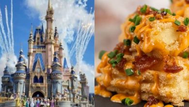 The left side shows a fairytale castle with fireworks in the sky; the right side shows crispy potatoes topped with cheese sauce, bacon, and chives.