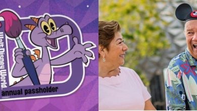 A split image: on the left, an annual pass sticker for Walt Disney World featuring Figment, a purple dragon holding a paintbrush; on the right, two older adults smiling, one proudly wearing Mickey Mouse ears.