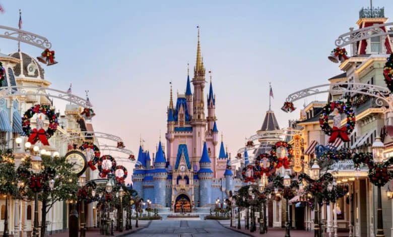 Main Street at Disney World decorated for the holidays, leading up to Cinderella Castle in Magic Kingdom.