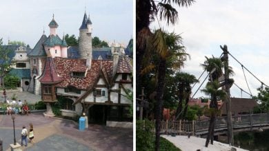 A split image shows Fantasyland and Adventureland at Disneyland Paris.