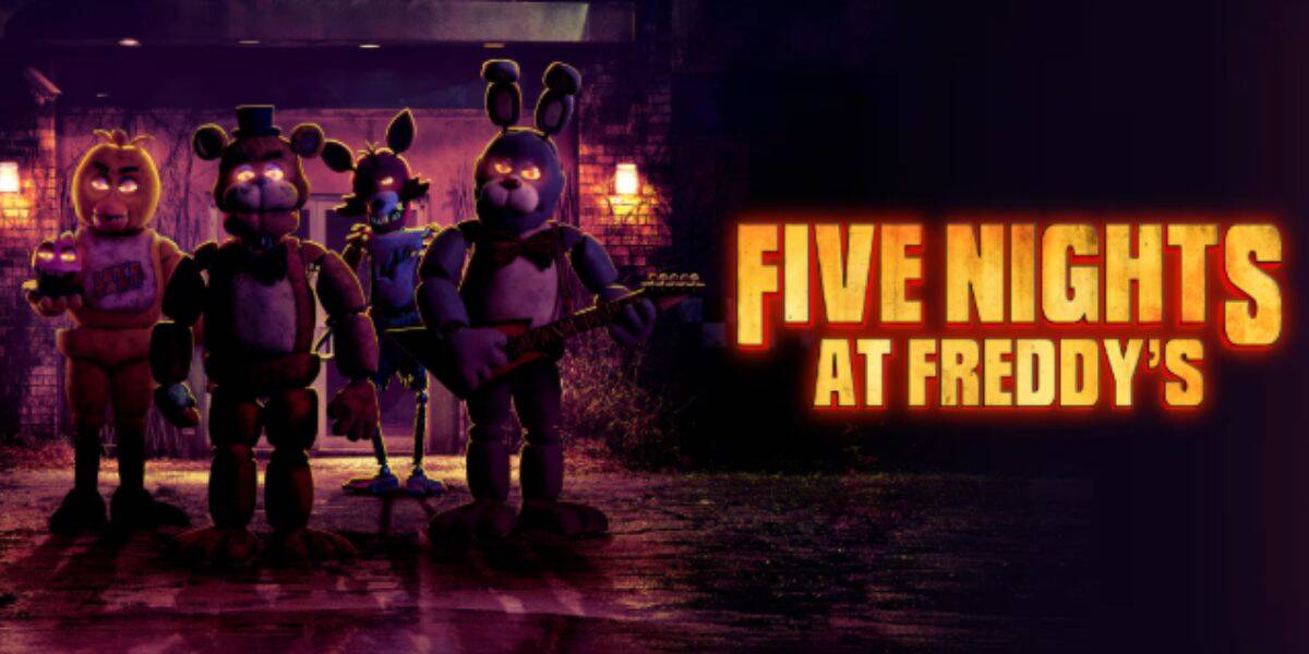 Four eerie animatronic characters stand in front of a dark, ominous building at night. Glowing yellow text on the right reads “FIVE NIGHTS AT FREDDY’S.” The scene evokes suspense and chills, perfect for fans of horror nights.
