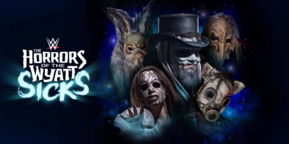 A digital illustration shows five masked, eerie figures with horror-themed masks and costumes surrounding the text "WWE Horrors of the Wyatt Sicks" on a dark blue background, evoking the chilling atmosphere of horror nights.