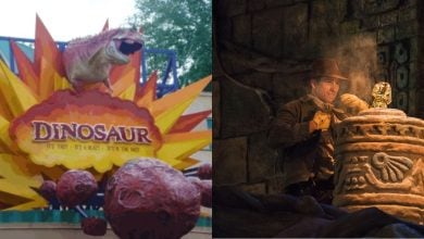 Left: Sign for the DINOSAUR ride with a dinosaur figure and colorful burst. Right: Adventurer in hat and jacket reaching for a golden idol on a stone pedestal in a dimly lit, ancient ruin.