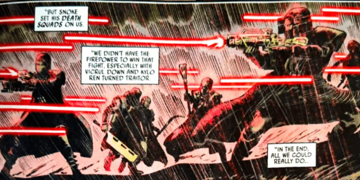 A chaotic battle scene with armored soldiers firing red blasters in the rain, accompanied by narration boxes describing an intense struggle and betrayal—Kylo Ren’s presence looming over the conflict.