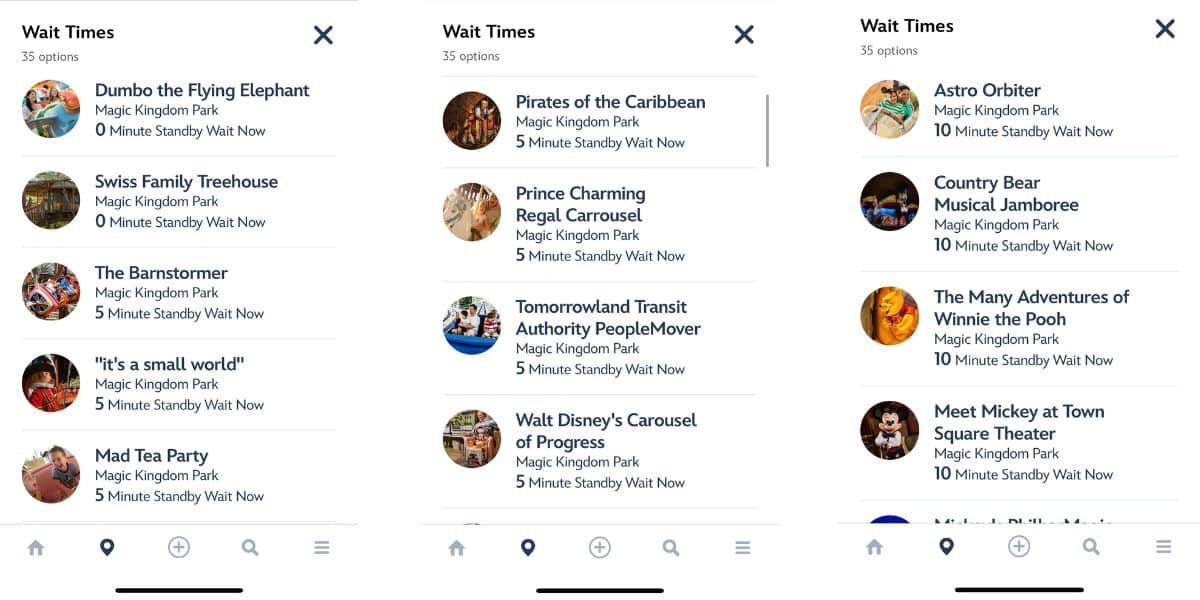 Screenshot of a Magic Kingdom app showing wait times on Labor Day.