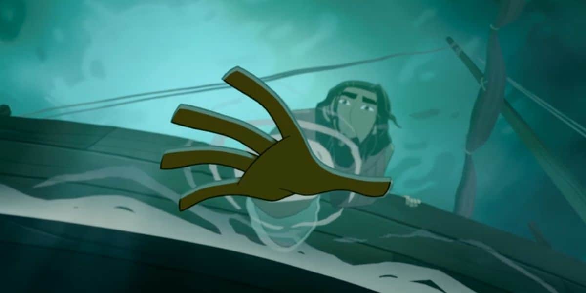 An animated scene, in a style reminiscent of Tom Bancroft, shows a person reaching desperately over the side of a ship, their hand extended toward the water as if trying to grab something or someone below the surface.