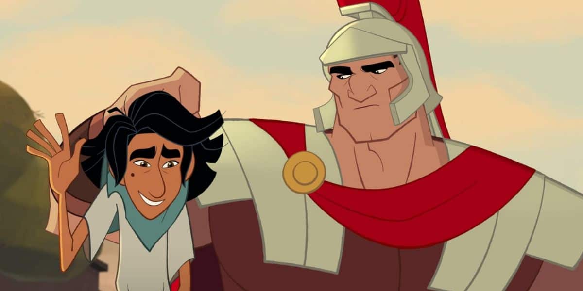 An animated Roman soldier in armor, drawn in a Tom Bancroft-inspired style, holds a smiling young man by the neck. The soldier looks serious while the young man waves cheerfully and carefree.