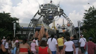 A crowd on the bridge to Tomorrowland at Magic Kingdom Park.