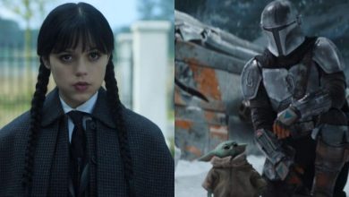 A split image showing Wednesday Addams with braided hair and a serious expression on the left, and the Mandalorian in armor with Grogu (Baby Yoda) standing beside him on the right.