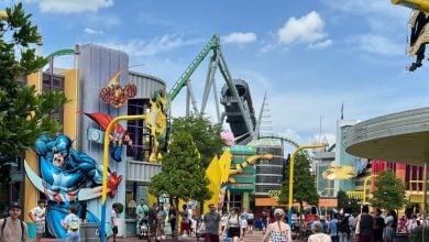 Construction walls block part of Toon Lagoon near Marvel Super Hero Island at Universal’s Islands of Adventure.