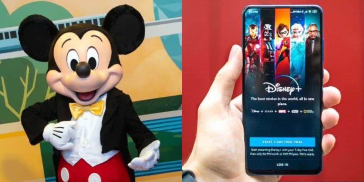 A person in a Mickey Mouse costume poses on the left, while a hand holds a smartphone displaying the Disney+ streaming app with various animated characters on the right.