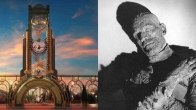 Split image: Left side shows the entrance gate of a theme park at sunset with ornate decorations and "Epic Universe" sign. Right side is a black-and-white photo of a classic mummy monster with arms crossed over its chest.