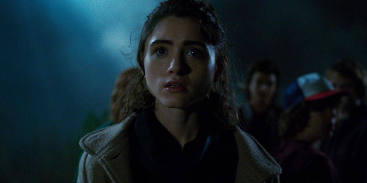 A young woman with curly hair looks ahead with a worried expression at night, illuminated by blue light, evoking a Stranger Things vibe, with several people standing blurred in the background.